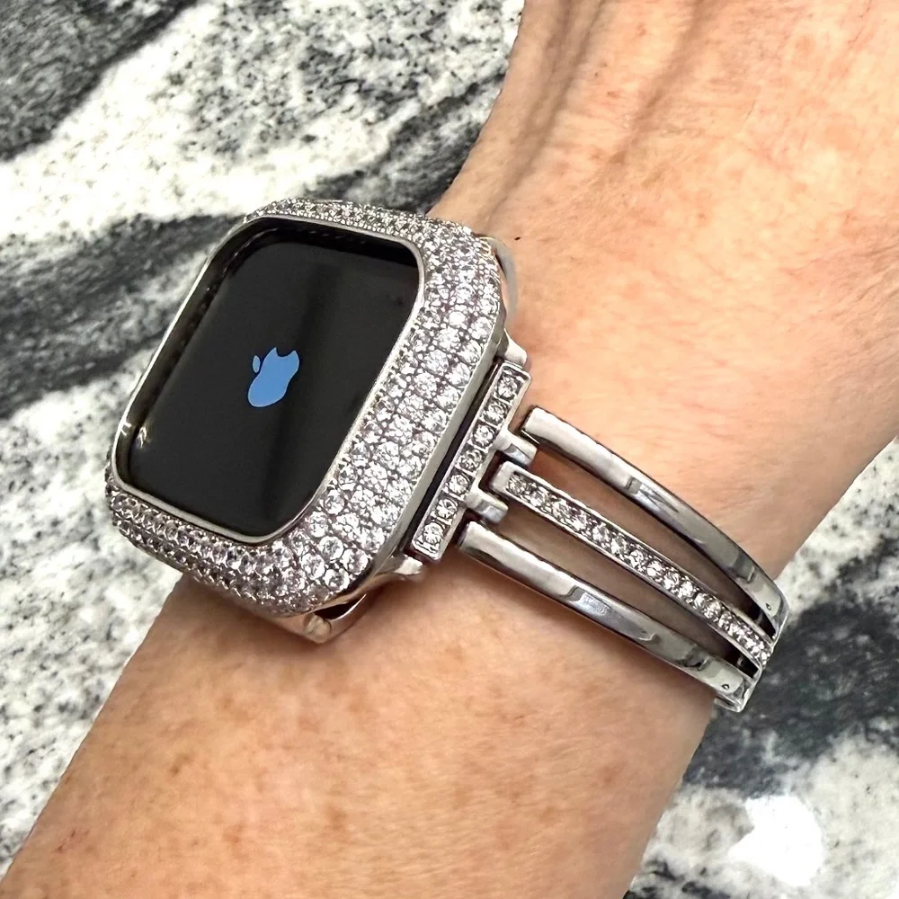 2 pc Apple Watch set white gold lab diamond case and crystal band classy bling